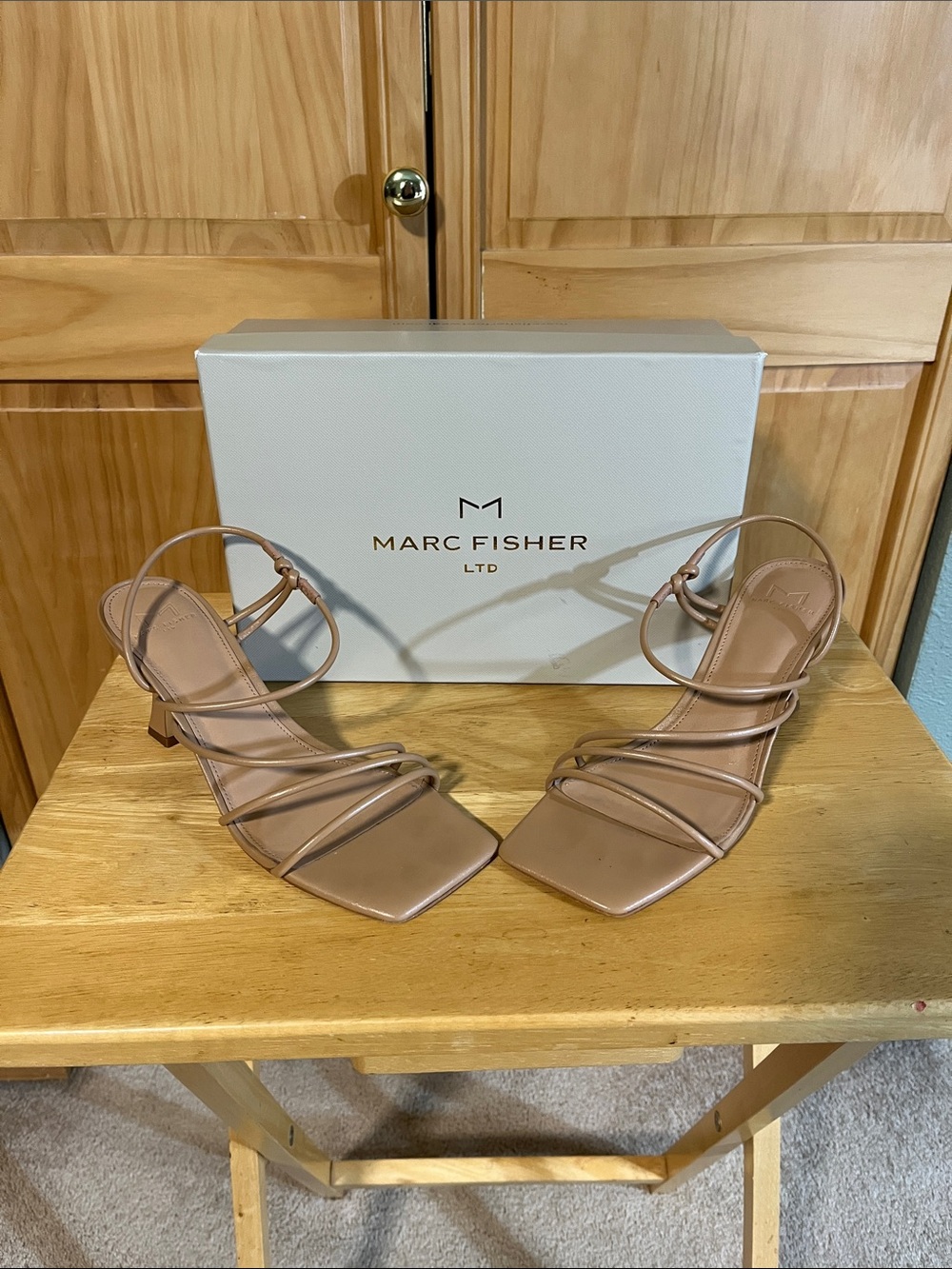 Marc Fisher Strappy Square-Toe Heeled Sandals in Taupe